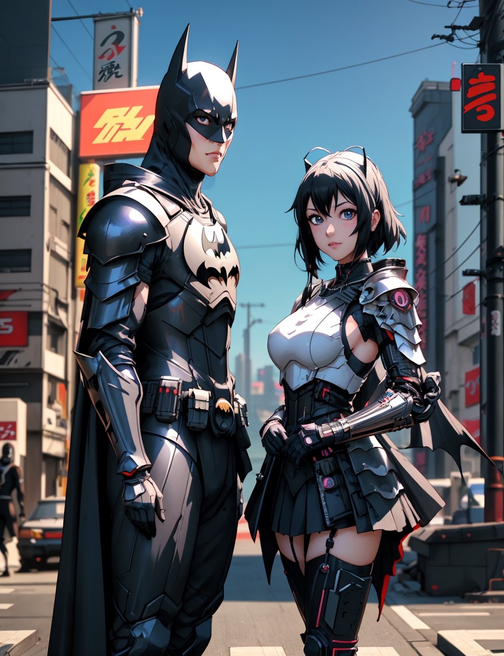 a couple of cosplays standing next to each other, cgsociety 9, 3 d anime realistic, realistic anime 3 d style, cyber japan style armor, oppai cyberpunk, cyber japan armor, modern cyberpunk anime, anime cyberpunk, anime styled 3d, realistic - anime, anime cgi style, anigirl batman, still from anime, anime cosplay