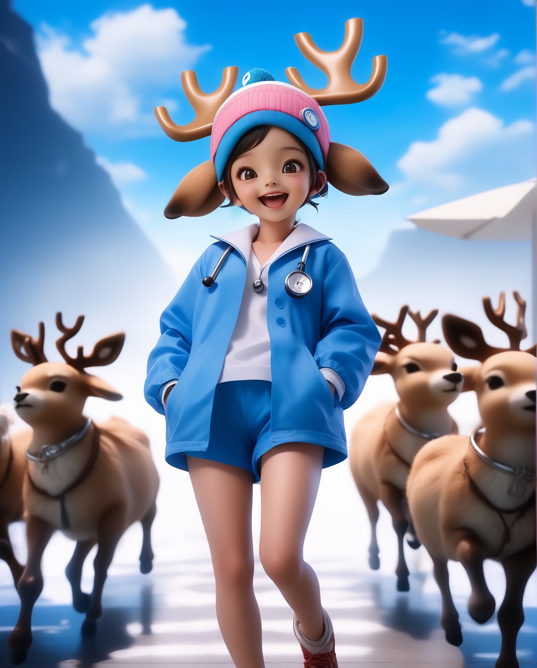 Happy doctor tony Tony chopper,女孩,旗袍,Dream, 10 year cute reindeer on a Blue cap, blue jacket, blue shorts, white shirt, in the style of yuumei, realistic hyper - detailed rendering, yumihiko amano, zhang jingna, wiccan, trace monotone, rtx on ,細緻的背景, indian boy, various poses , onepiece anime, 