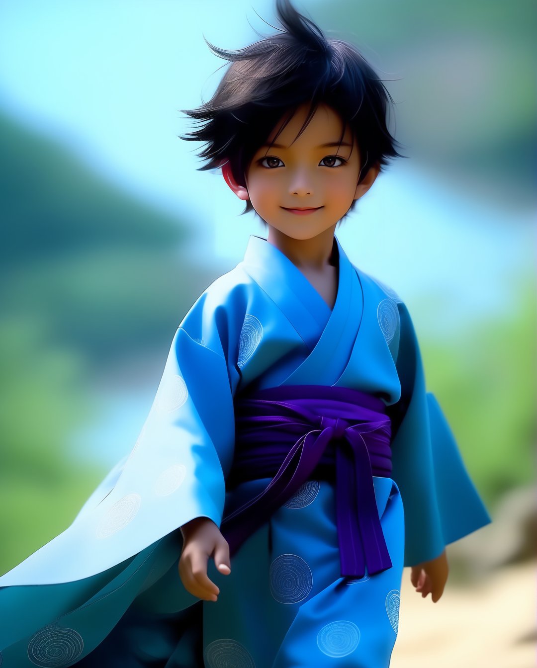 Happy Niko Robin,女孩,旗袍,Dream, 10 year cute boy on a Blue kimono, purple sash, black sandals, in the style of yuumei, realistic hyper - detailed rendering, yumihiko amano, zhang jingna, wiccan, trace monotone, rtx on ,細緻的背景,indian boy, various poses , onepiece anime