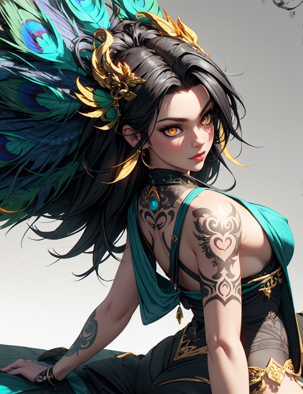 ultrarealistic digital image of a very beautiful attractive peacock goddess, tattooed, with colorful vibrant peacock feathers on her head, shiny, covered with tiny golden strings, curved body, waiting in ambush, intricate details, boss attitude, various angle, jade eyes, can’t believe how beautiful this is, photorealistic style, heavy shading, hyperrealism, high contrast, photorealistic, 8k, unreal engine, 3d render 