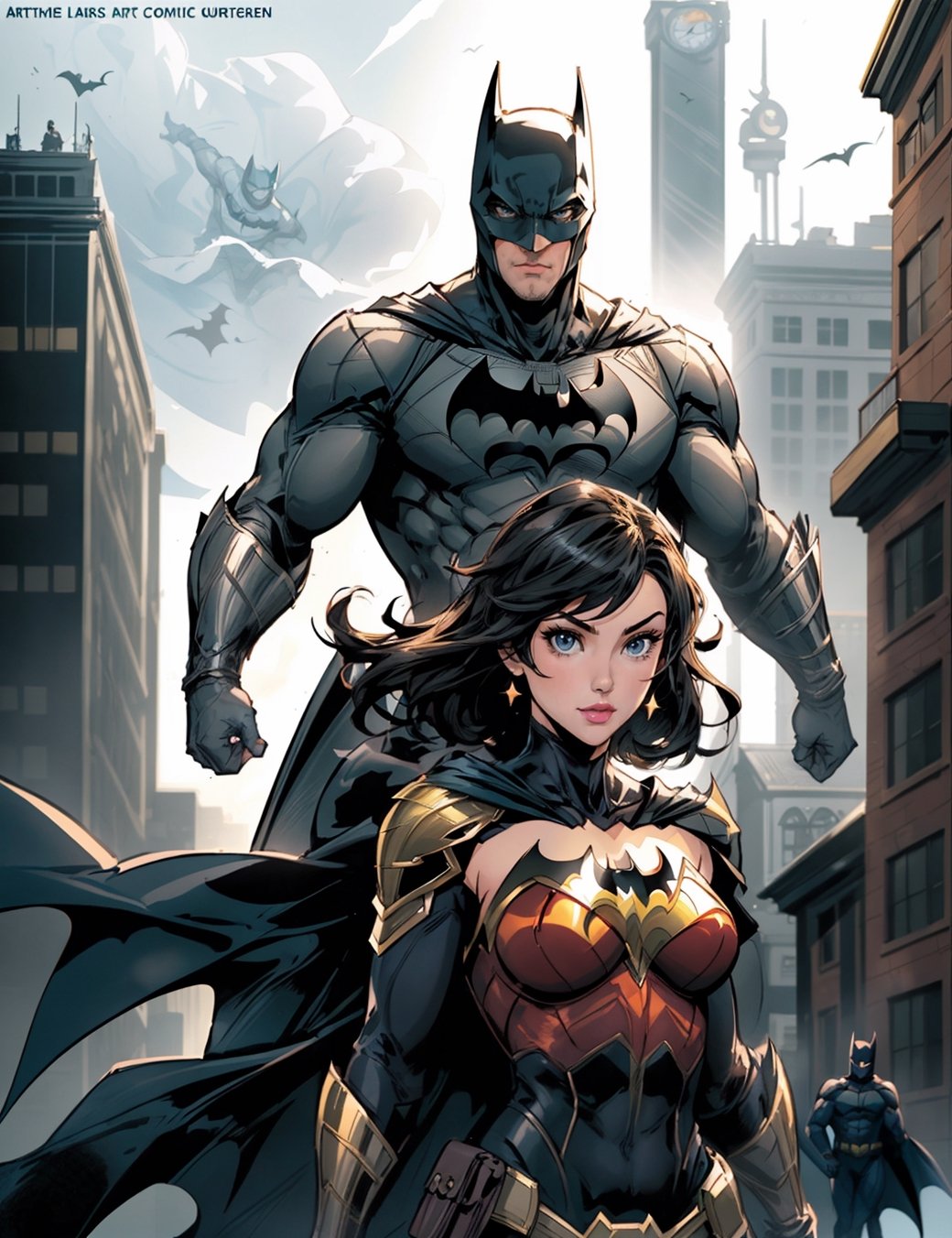 a man and a woman dressed as batman and wonder, artgerm and genzoman, masayoshi suto and artgerm, greg rutkowksi and artgerm, artgerm and grek rutkowski, knight and princess, anigirl batman, dc comic, artgerm comic, wonder, in the justice league