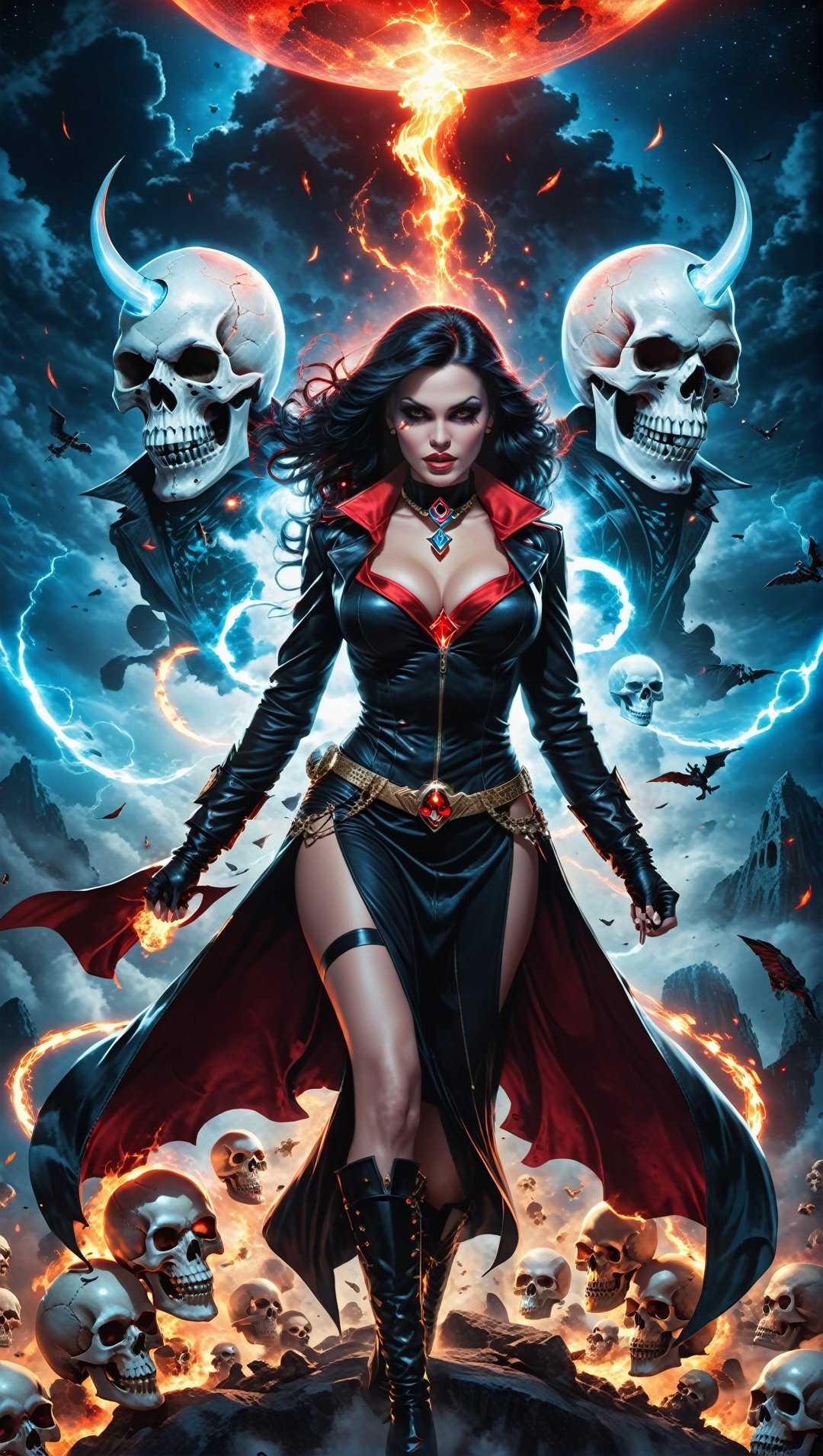 A lost but calm angry Kali ma as Zatanna Zatara - Sorceress Mode flying in sky on giant skulls,cutting a skull surrounded by glowing cosmic aura skulls monstrous scared aliens. and the planet dresses skies and landscapes in Black blue, Neon red and Neon Silver colors, skulls, skull, skulls, skull, face red glowing eyes, full_body,full-body_portrait,full-length_portrait,fully_clothed , flying on giant skull head, fappy face,Following in the footsteps of her father Muhammad Ali Laila had a powerful jab and knockout power. Her action pose often features a straight punch with her body twisted showcasing her heredity and athleticism