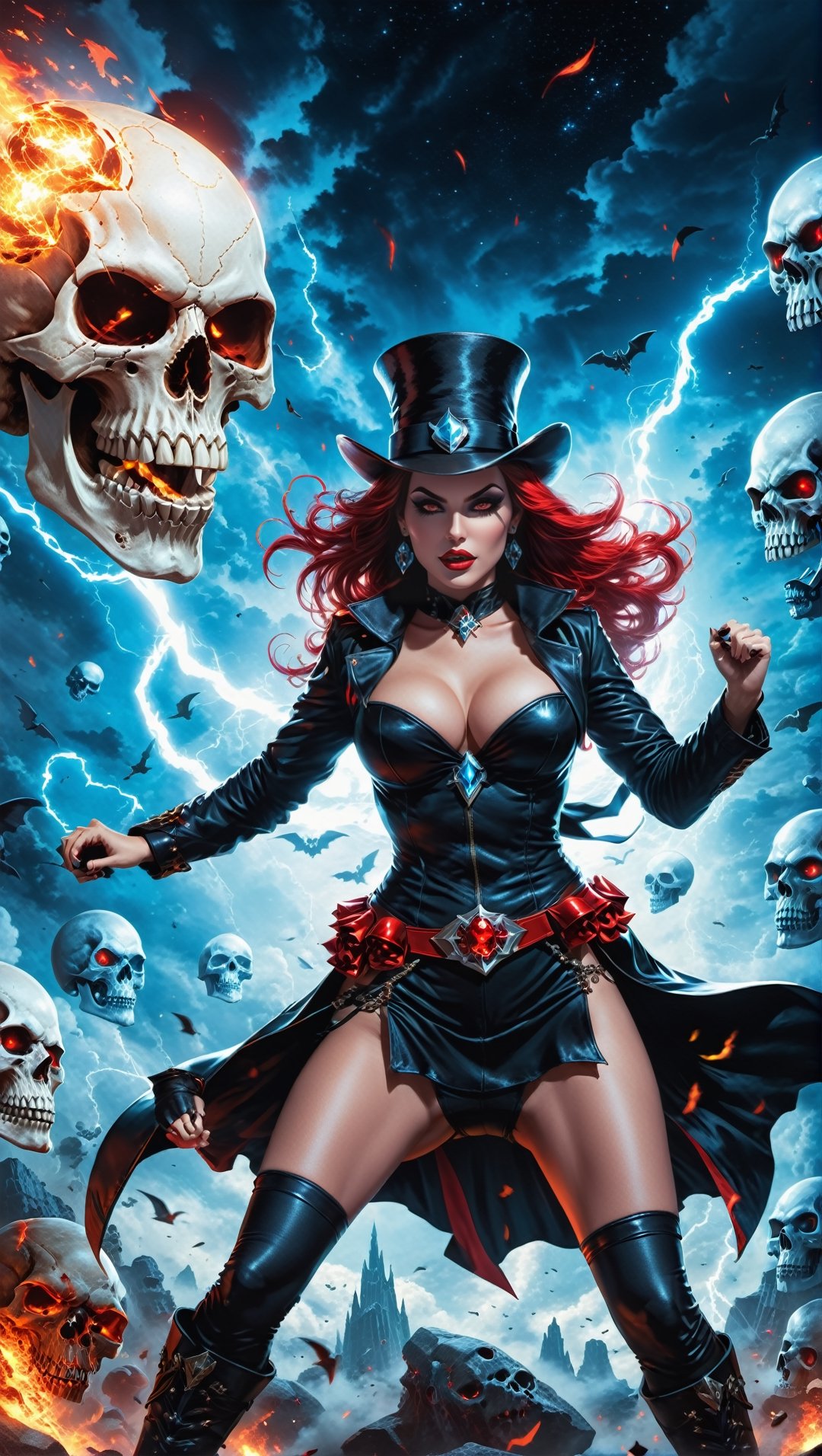 A lost but calm angry Kali ma as Zatanna Zatara - Sorceress Mode flying in sky on giant skulls,cutting a skull surrounded by glowing cosmic aura skulls monstrous scared aliens. and the planet dresses skies and landscapes in Black blue, Neon red and Neon Silver colors, skulls, skull, skulls, skull, face red glowing eyes, full_body,full-body_portrait,full-length_portrait,fully_clothed , flying on giant skull head, fappy face,Recognized for her skilled footwork and lightning-fast combinations Taylor's action pose captures her in a dynamic boxing stance with one arm extended outward and the other positioned to protect her face.