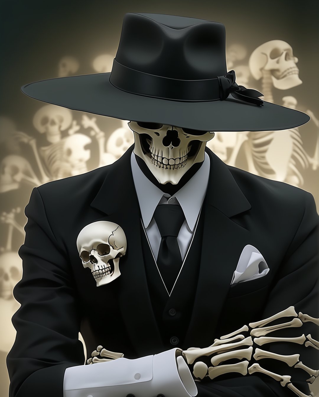 Happy brook playing vaolin,女孩,旗袍,Dream, 10 year cute skeleton on a Black suit, white shirt, black tie, black hat, in the style of yuumei, realistic hyper - detailed rendering, yumihiko amano, zhang jingna, wiccan, trace monotone, rtx on ,細緻的背景, indian skeleton, various poses , onepiece anime, 