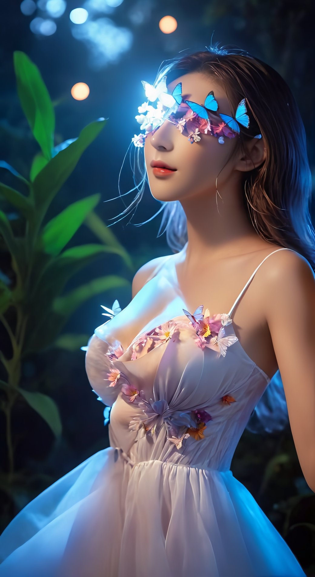 cinematic photo, 4k photo, extremely detail, fairy girl is dancing on the water, light smile, beautiful, flowers explosion, anatomical plants, dark forest, grainy, shiny, with vibrant colors, colorful, ((realistic skin)), glow surreal objects floating, ((floating:1.4)), contrasting shadows, photographic, niji style, soft lighting, fullmoon, midnight, incredible bokeh, ((big_breast:1.5)), short dress, transparent_clothing, (transparent_butterflies), closeup shot, A girl dancing, xxmix_girl,Flower Blindfold