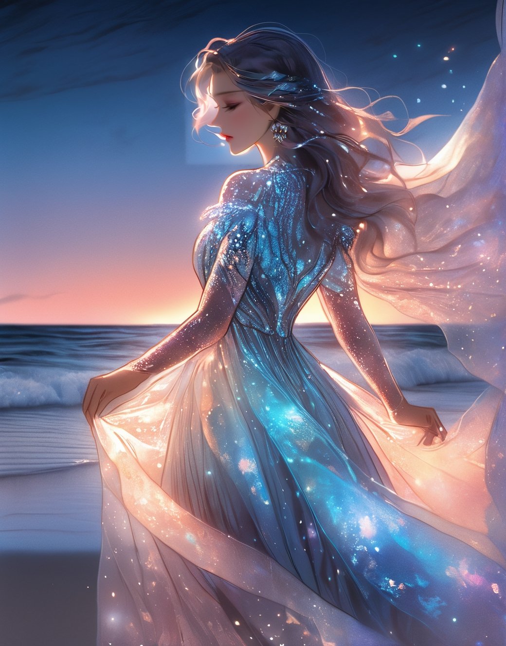 ultra detailed close up illustration of a woman at the seashore after sunset,  she wears a flowy holographic dress made of silk and tulle and very glowy,  bioluminiscent,  fantasy art,  dreamlike,  backlit,  dynamic pose,  