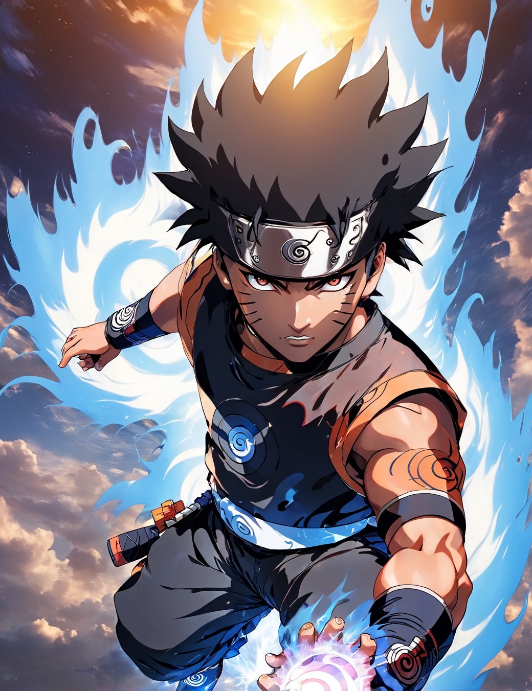 black skin full body sasuke with afro hair posing from Naruto anime, perfect hands, with naruto headband, soft aura, blue blast around, steam aura around, in aura, landscape, vivid colors, soft, cinematic, darken colors, ultra detailed, realism, superb, face detailed ,Niji Slime,flmngprsn