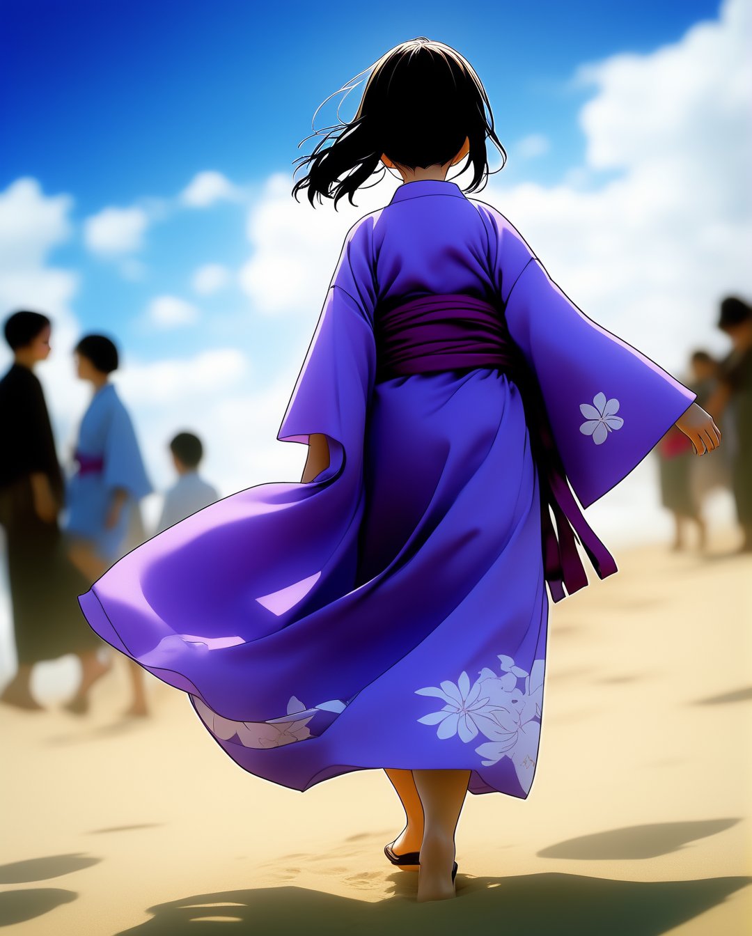 Happy Niko Robin,女孩,旗袍,Dream, 10 year cute girl on a Blue kimono, purple sash, black sandals, in the style of yuumei, realistic hyper - detailed rendering, yumihiko amano, zhang jingna, wiccan, trace monotone, rtx on ,細緻的背景, onepiece girl, various poses , onepiece anime