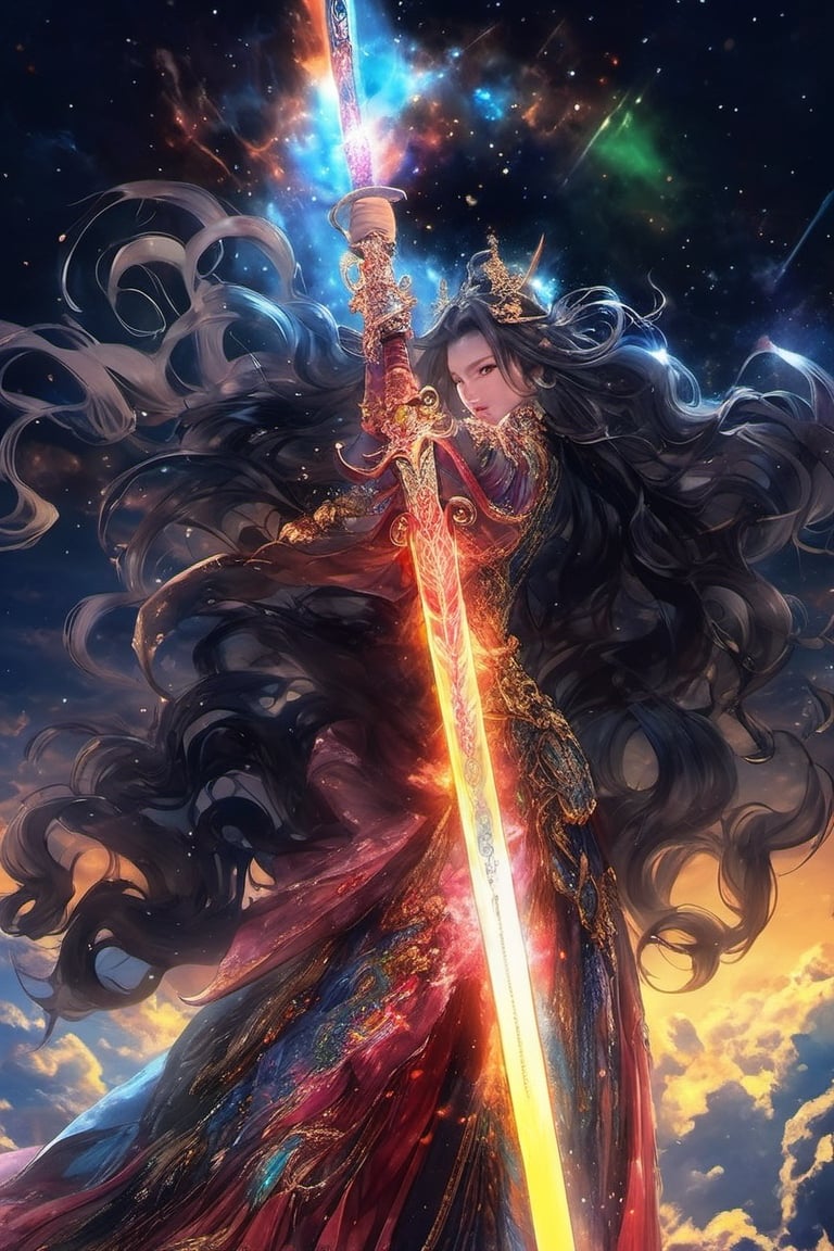 a woman with a sword in her hand standing in the sky, yoshitakka amano karol bak, cg art, heise-lian yan fang, flowing glowing hair, full art, epic fantasty card game art, by Hidari Jingorō, xianxia fantasy, anime fantasy artwork, xianxia hero, she is holding a sword