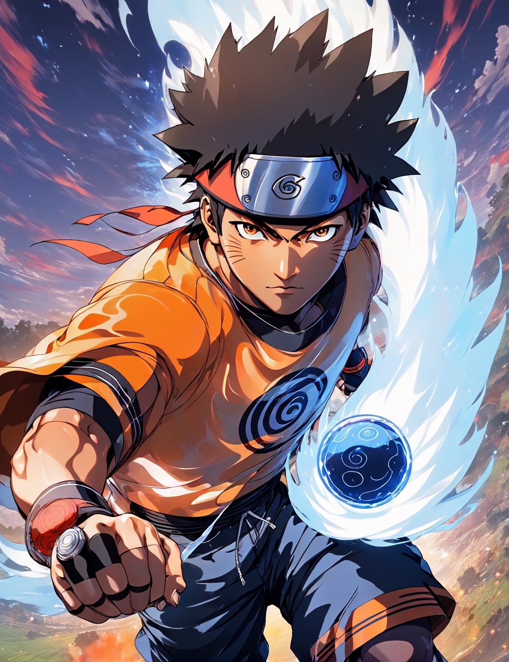 black skin full body sasuke with afro hair posing from Naruto anime, perfect hands, with naruto headband, soft aura, blue blast around, steam aura around, in aura, landscape, vivid colors, soft, cinematic, darken colors, ultra detailed, realism, superb, face detailed ,Niji Slime,flmngprsn, susuke playing soccer, soldier game, soccer 