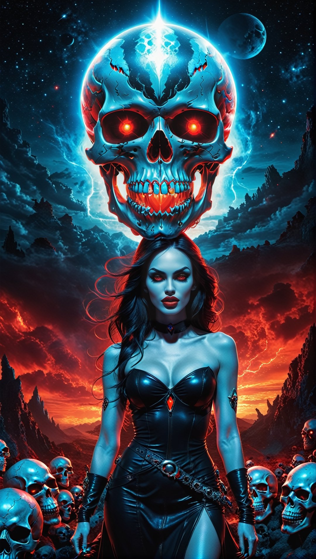 A lost but calm angry Kali mas as Megan fox witch ,cutting a skull surrounded by glowing cosmic aura skulls monstrous scared aliens. and the planet dresses skies and landscapes in Black blue, Neon red and Neon Silver colors, skulls, skull, skulls, skull, face red glowing eyes, full_body,full-body_portrait,full-length_portrait,fully_clothed , flying on giant skull head