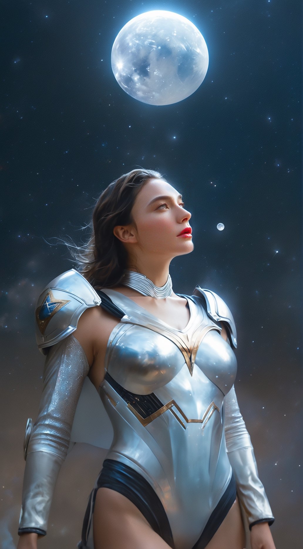 cinematic photo, 4k photo, extremely detail, gal gadot, floating in space, between the star, holding glowing globe moon, ((full astronat helmet)), ((sexy)), transparent astronat clothes, white, full body, pretty face, closeup shot ,painting by jakub rozalski,