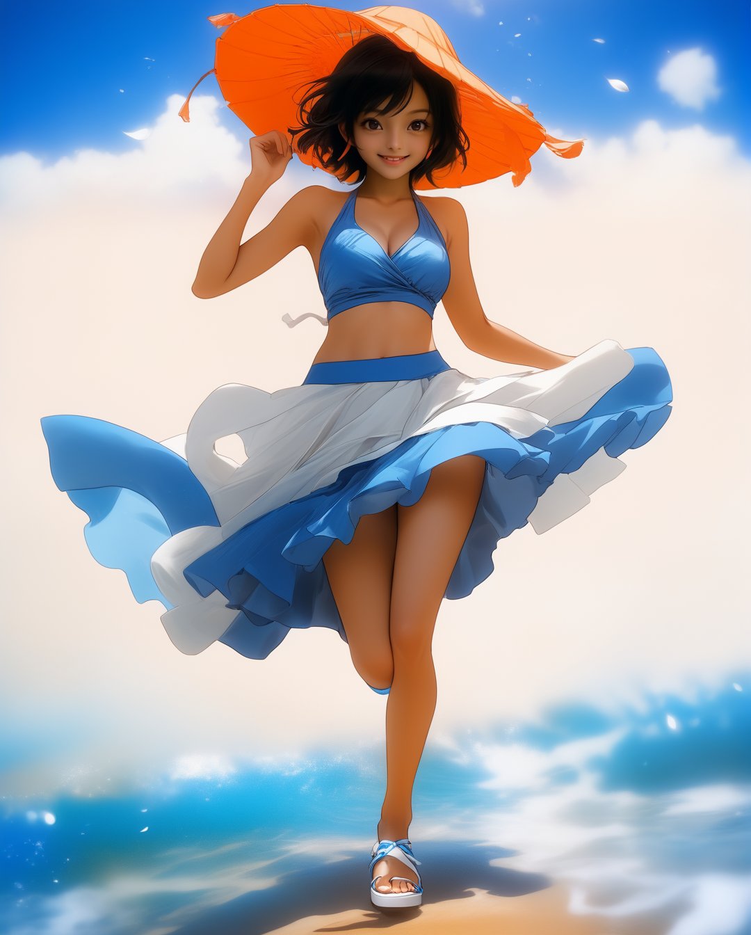 Happy nami,女孩,旗袍,Dream, 10 year cute girl on a Orange bikini top, white skirt, blue shoes, in the style of yuumei, realistic hyper - detailed rendering, yumihiko amano, zhang jingna, wiccan, trace monotone, rtx on ,細緻的背景, indian girl, various poses , onepiece anime