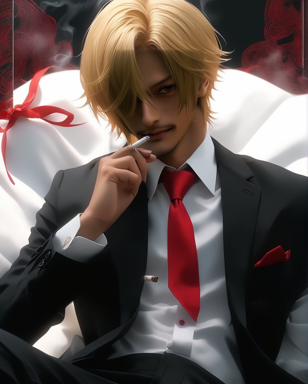 Happy sanji,女孩,旗袍,Dream, 10 year cute boy on a Black suit, white dress shirt, red tie, in the style of yuumei, realistic hyper - detailed rendering, yumihiko amano, zhang jingna, wiccan, trace monotone, rtx on ,細緻的背景,indian boy, various poses , smoking cigarettes,