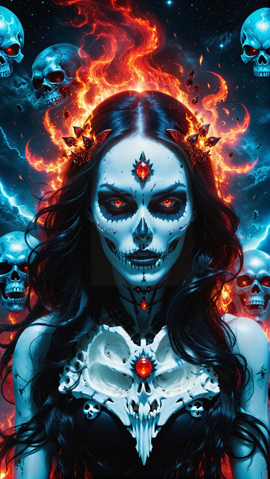 A lost but calm angry Kali mas as Megan fox witch ,cutting a skull surrounded by glowing cosmic aura skulls monstrous scared aliens. and the planet dresses skies and landscapes in Black blue, Neon red and Neon Silver colors, skulls, skull, skulls, skull, face red glowing eyes,