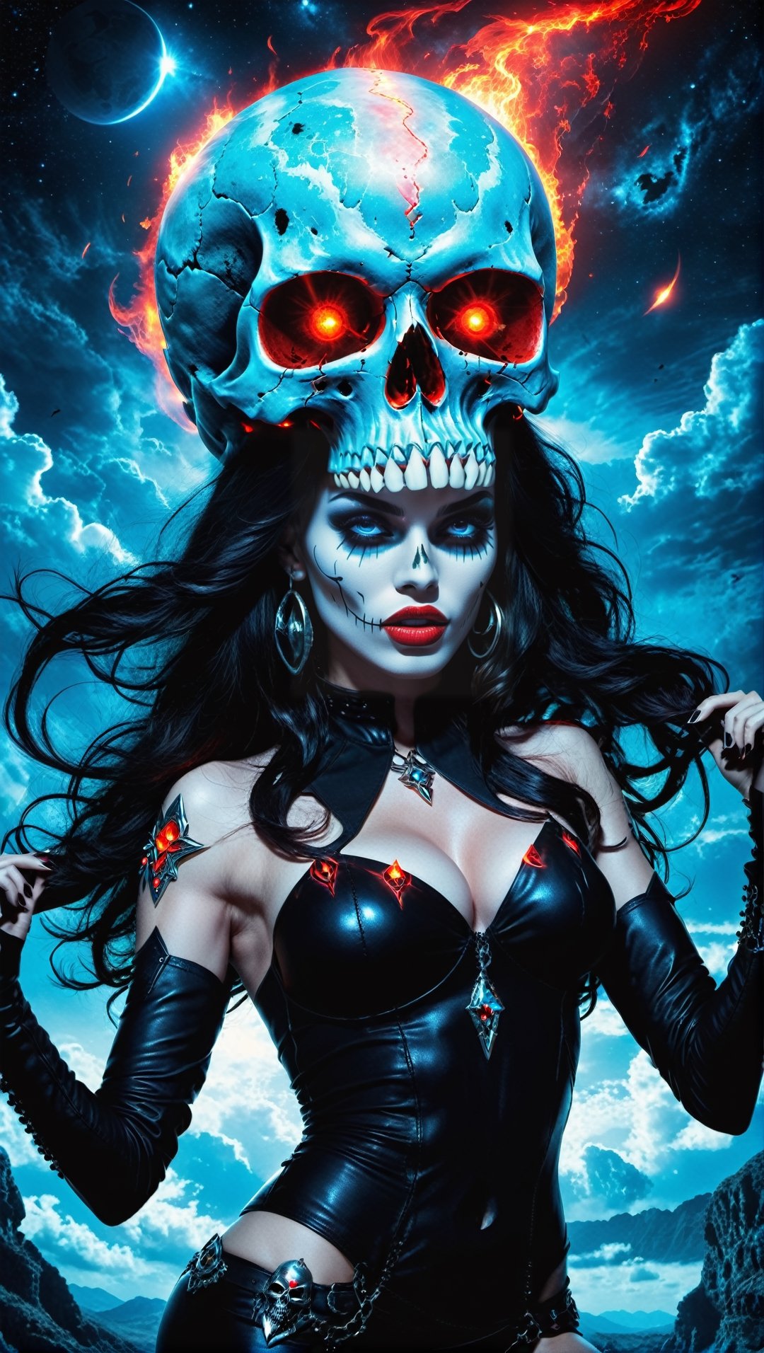 A lost but calm angry Kali mas as Megan fox witch ,cutting a skull surrounded by glowing cosmic aura skulls monstrous scared aliens. and the planet dresses skies and landscapes in Black blue, Neon red and Neon Silver colors, skulls, skull, skulls, skull, face red glowing eyes, full_body,full-body_portrait,full-length_portrait,fully_clothed , flying on giant skull head, fappy face,