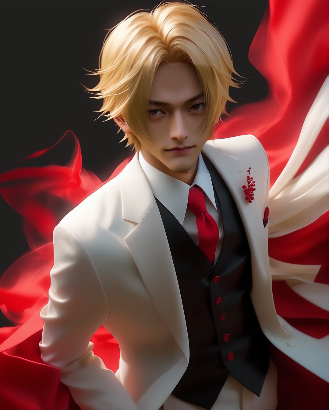 Happy vinsmoke sanji,女孩,旗袍,Dream, 10 year cute boy on a Black suit, white dress shirt, red tie, in the style of yuumei, realistic hyper - detailed rendering, yumihiko amano, zhang jingna, wiccan, trace monotone, rtx on ,細緻的背景,indian boy, various poses 