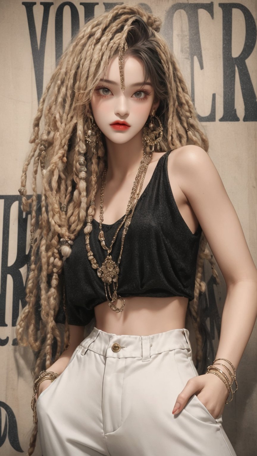 masterpiece art, 8k, A beautiful teen girl with a skinny body, (dreadlocks hair) , she is wearing a (black designed long top and designed Harem Pants), fashion style clothing. Her toned body suggests her great strength. The girl is dancing hip-hop and doing all kinds of cool moves.,Sohwa, white wall background,medium shot,Detailedface