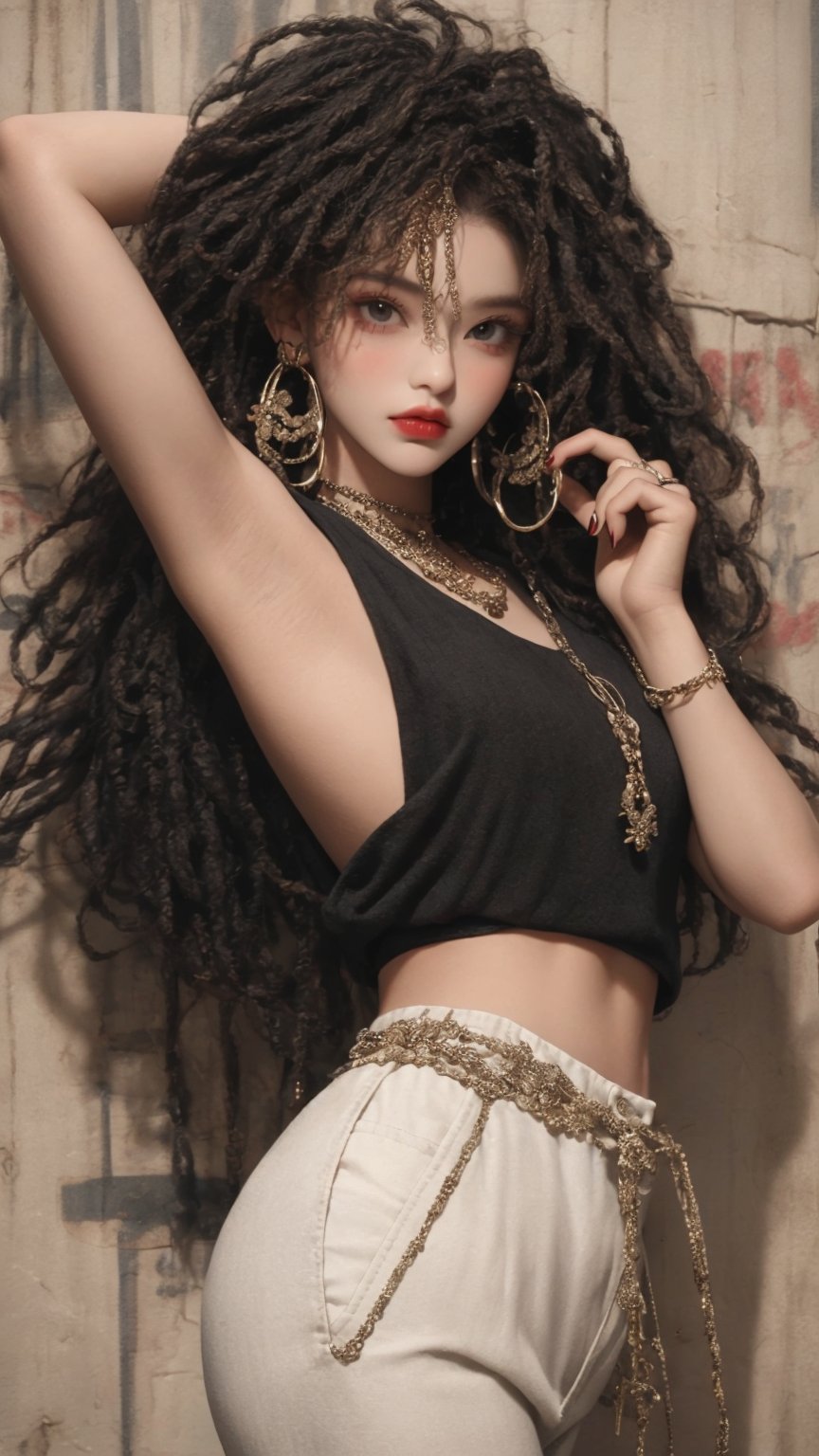 masterpiece art, 8k, A beautiful teen girl with a skinny body, (black dreadlocks hair) , she is wearing a (black designed long top and designed Harem Pants), fashion style clothing. Her toned body suggests her great strength. The girl is dancing hip-hop and doing all kinds of cool moves.,Sohwa, white wall background,medium shot,Detailedface