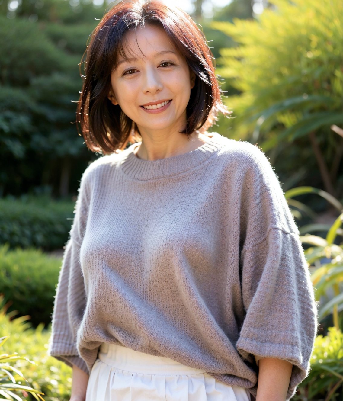 (Best Quality,8K,Raw photo,Realistic,High resolution:1.2),(light brown hair),Ultra mini skirt,(upper body:1.2),Looking at Viewer,mature,40yo,japanese ,(portrait:1.2),(at sunshine forest),grin, knit shirt,kobayashihitomi