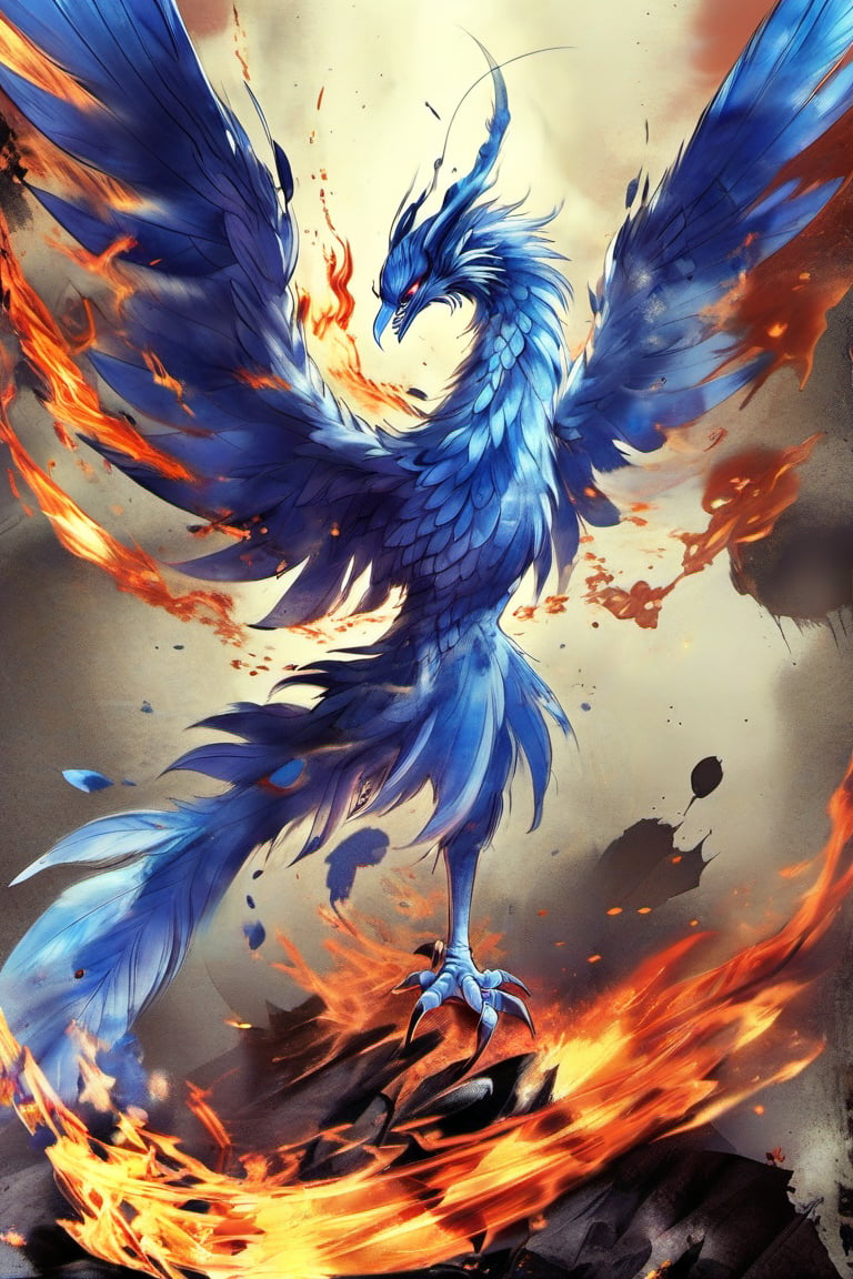 solo, blue eyes, full body, wings, from side, pokemon \(creature\), no humans, bird, fire, animal focus, talons