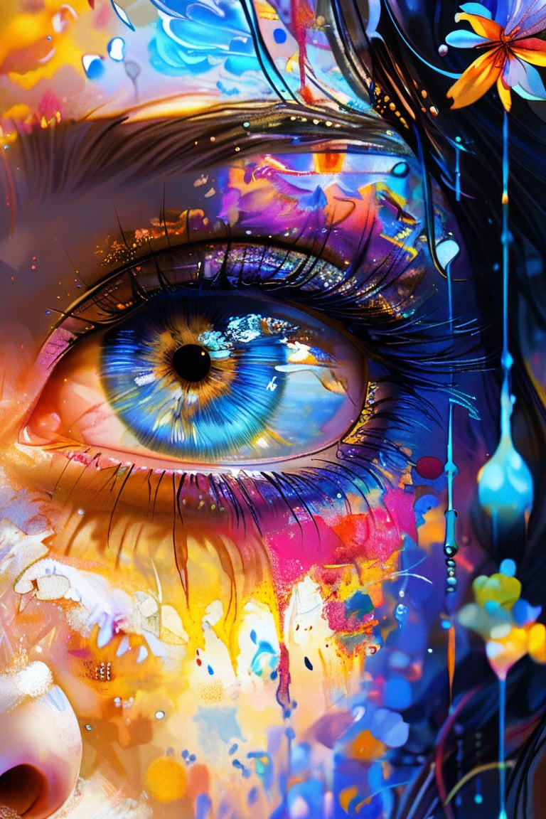 (Close-up)(solo Eye) young girl. Fractal iris, fantasy beauty, bio chemiluminescence iris, art nouveau, bright colors, kaleidoscope, and prism effects, abstract art, calligraphy patterns, artistic lettering, beautiful scripts, penmanship, visual poetry, cultural, Realistic Blue Eye, Melting pigments, falling colors, vivid, colorful, fantasy, oil on canvas, Dripping paint, crystal flower.