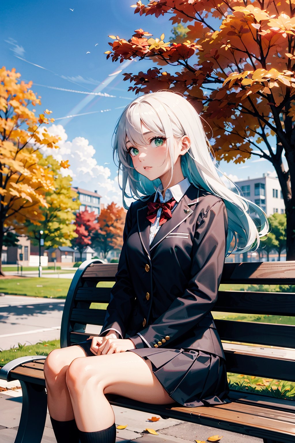 Imagine a picture of a woman with green eyes, white hair hair, black skin, long hair, wearing school uniform,  sitting in a bench, sunny, sun beam,  windy,  fall_leaves, high_resolution, High quality, 16k, park scene