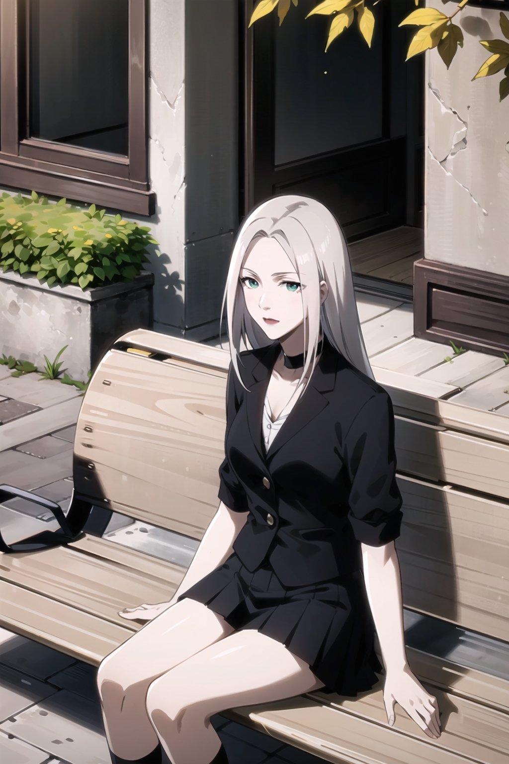 Imagine a picture of a woman with green eyes,  white hair hair,  black skin,  long hair,  wearing school uniform,  sitting in a bench,  sunny,  sun beam,  windy,  fall_leaves,  high_resolution,  High quality,  16k,  park scene