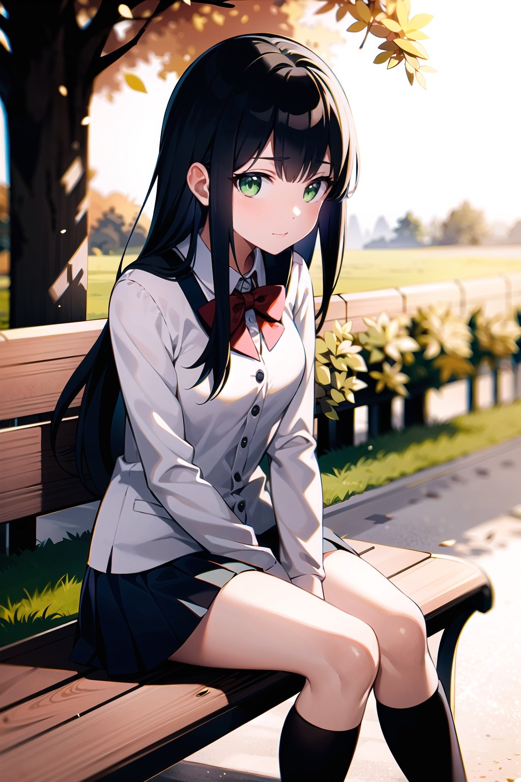 Imagine a picture of a woman with green eyes,  white hair hair,  black skin,  long hair,  wearing school uniform,  sitting in a bench,  sunny,  sun beam,  windy,  fall_leaves,  high_resolution,  High quality,  16k,  park scene