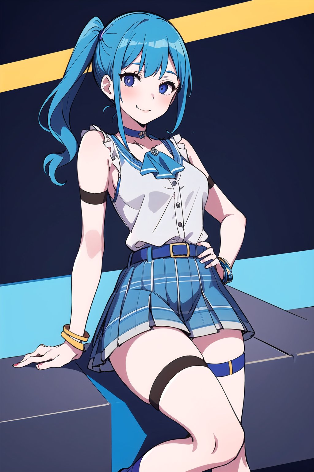 sui1, 1girl, solo, side ponytail, hoshimachi suisei, single thighhigh, jewelry, single sock, thigh strap, bracelet, blue socks, buttons, single kneehigh, blue choker, blue belt, plaid skirt, grey skirt, blue ascot,BiBa