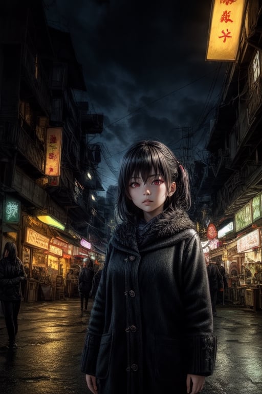 masterpiece, face focused portrait, standing, (looking at viewer:1.2), 1girl, cute face, | outdoors, garden, (night time), night, cozy lights, oriental scenery, asian garden, | futuristic city, neon lights, | depth of field, bokeh, ,cyborg style,cyberpunk style,Jukujo