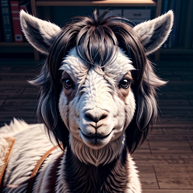 3d fluffy llama, closeup cute and adorable, cute big circular reflective eyes, long fuzzy fur, pixar render, unreal engine cinematic smooth, intricate detail, cinematic,机甲少女