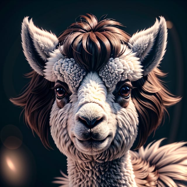 3d fluffy llama, closeup cute and adorable, cute big circular reflective eyes, long fuzzy fur, pixar render, unreal engine cinematic smooth, intricate detail, cinematic,机甲少女