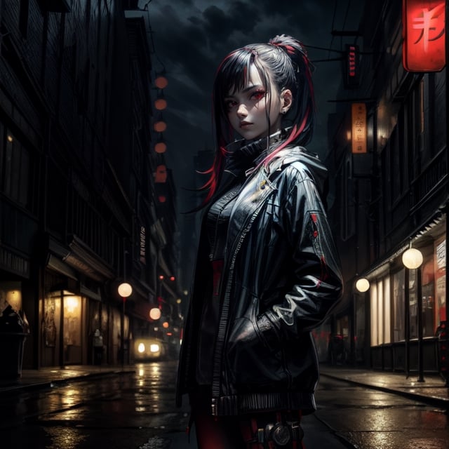 masterpiece, face focused portrait, standing, (looking at viewer:1.2), 1girl, cute face, | outdoors, garden, (night time), night, cozy lights, oriental scenery, asian garden, | futuristic city, neon lights, | depth of field, bokeh, ,cyborg style,cyberpunk style,Jukujo,potcoll