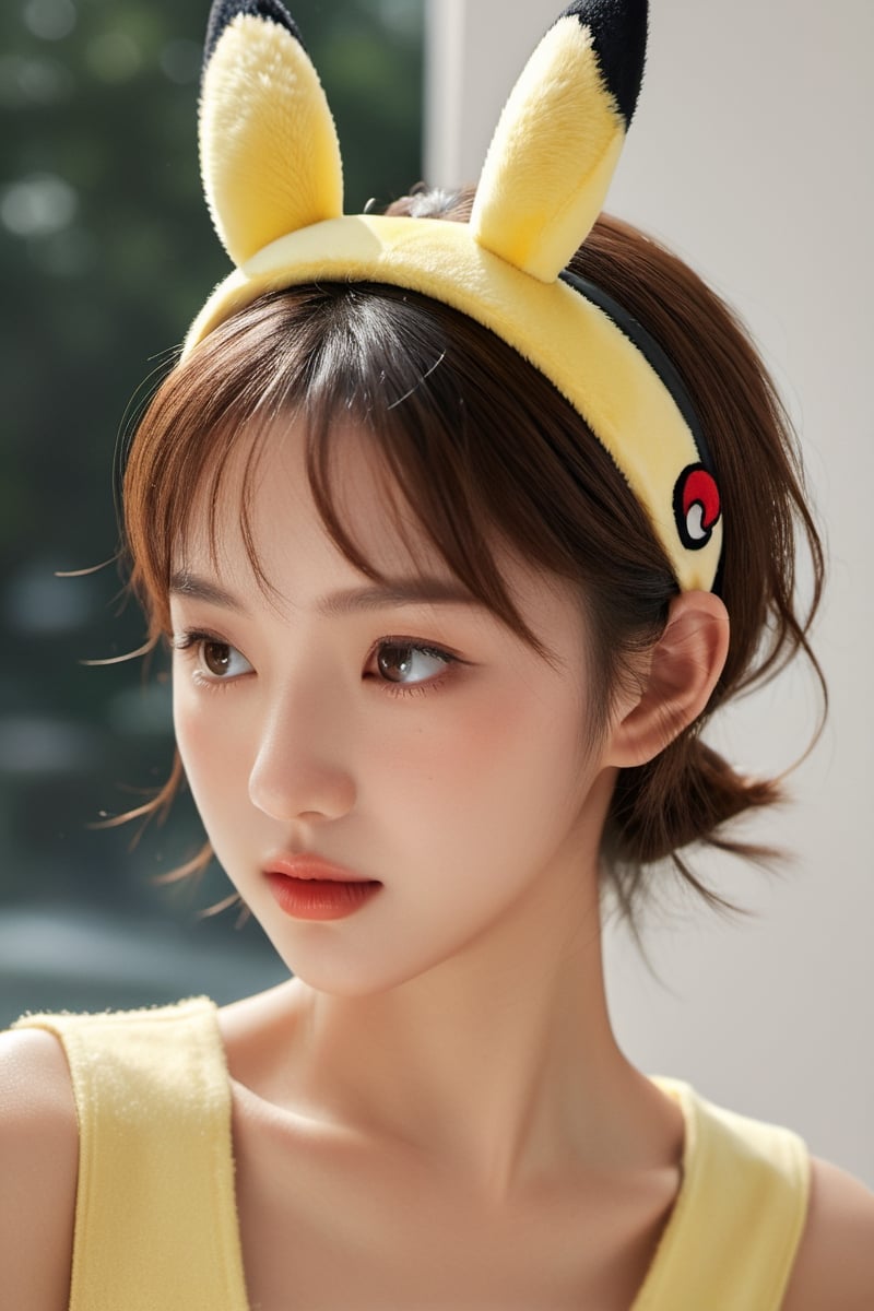 (best quality,highres,ultra high resolution,masterpiece,realistic,extremely photograph,detailed photo,8K wallpaper,intricate detail, film grains),ray tracing,soft shadows,natural lighting,detaled_background,((A woman wears a Pikachu's ears hairband)),(full length shot:1.3),FilmGirl,photo r3al