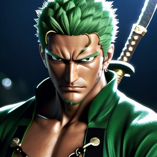 the legendary Roronoa zoro, 3 swords, cut stitches on the chest, becomes the embodiment of heavenly fury. japanies clothes, reflecting the birth of stars. His eye glow with cosmic fire, and tentacles of energy surround his body like ethereal lightning, one eye closed. 4K,dfdd,steampunk style