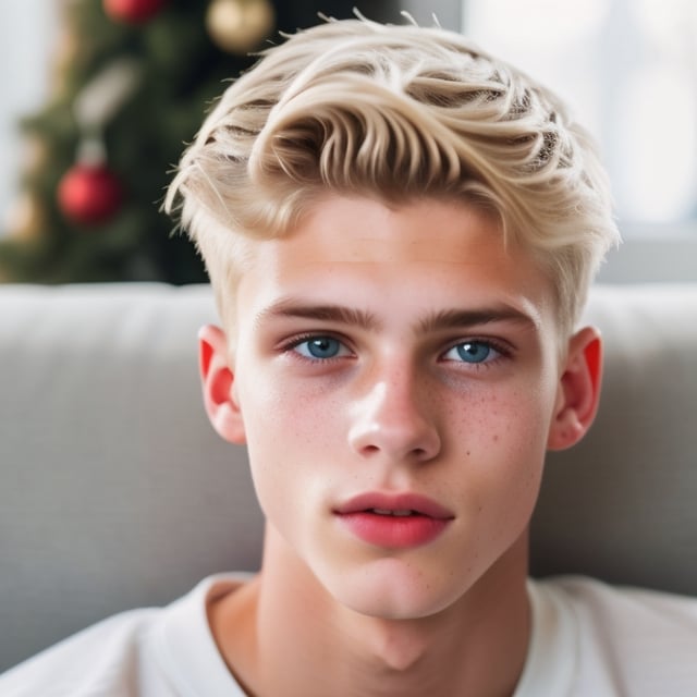 an 18 years old handsome cute blond boy, wear christmas costume, christmas, christmas decoration, christmas tree, sharp focus, finely detailed eyes and face, short hair, fade haircut, male_only, sharp skin, masterpiece, photorealistic, ultra-detailed, fine skin detail, best, super fine, best quality, ultra highres, 8k, RAW photo, cute blond boy,