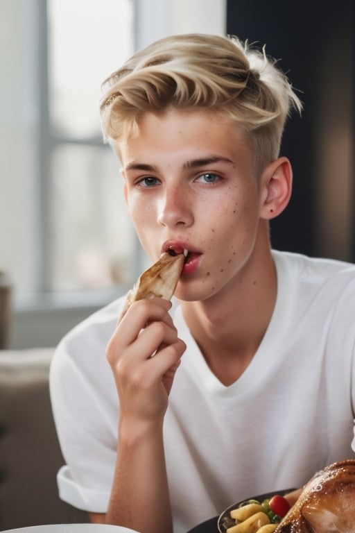 an handsome cute blond boy, (eating a roast turkey on the dinning room:1.3), sharp focus, short hair, fade haircut, male_only, sharp skin, cute blond boy,