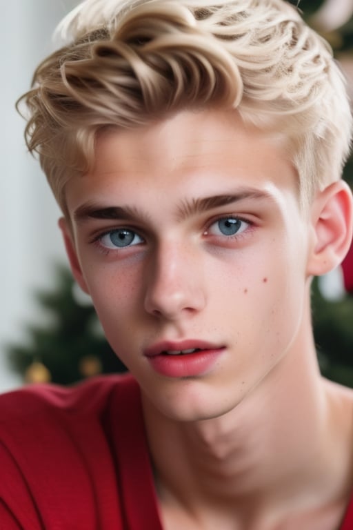 an 18 years old handsome cute blond boy, wear christmas costume, christmas, christmas decoration, christmas tree, sharp focus, finely detailed eyes and face, short hair, fade haircut, male_only, sharp skin, masterpiece, photorealistic, ultra-detailed, fine skin detail, best, super fine, best quality, ultra highres, 8k, RAW photo, cute blond boy,