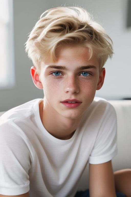 looking at finder,  a beautiful cute teen blond boy at home,  sharp focus by Luc on Tensor.Art