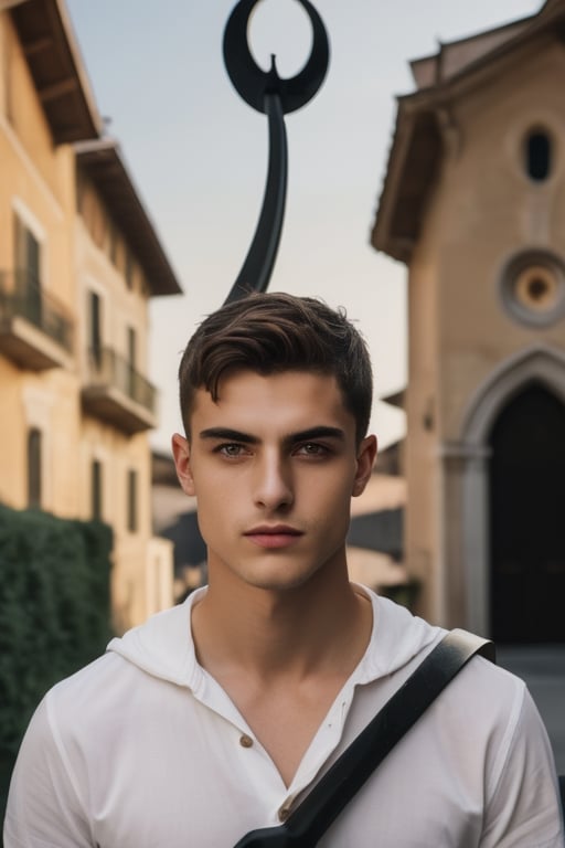 a handsome italian man, (in front of church, holding a grimreaper scythe, moonlight:1.4), sharp focus, short hair, fade haircut, sharp focus, finely detailed eyes and face, shirtless, short hair, male_only, add noise, sharp skin, masterpiece, photorealistic, best, best quality, male, handsome, Movie Still, Cinematic, Cinematic Lighting, Film Still, Cinematic Shot, handsome italian,