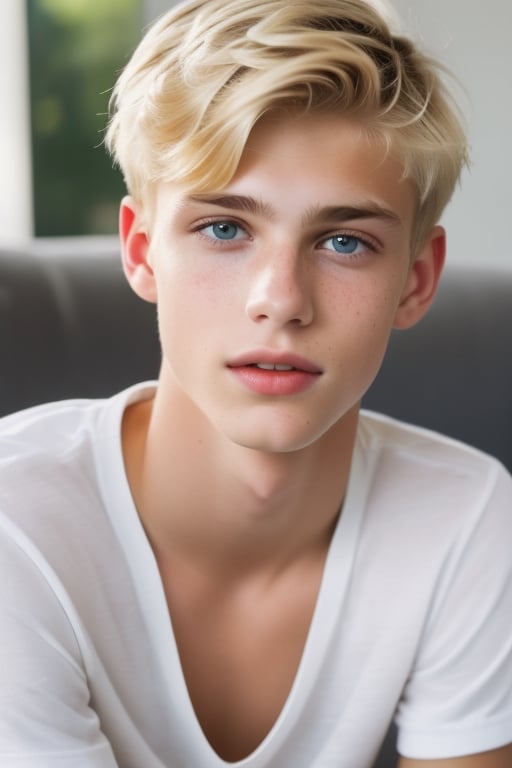 looking at finder,  a beautiful cute teen blond boy at home,  sharp focus by Luc on Tensor.Art
