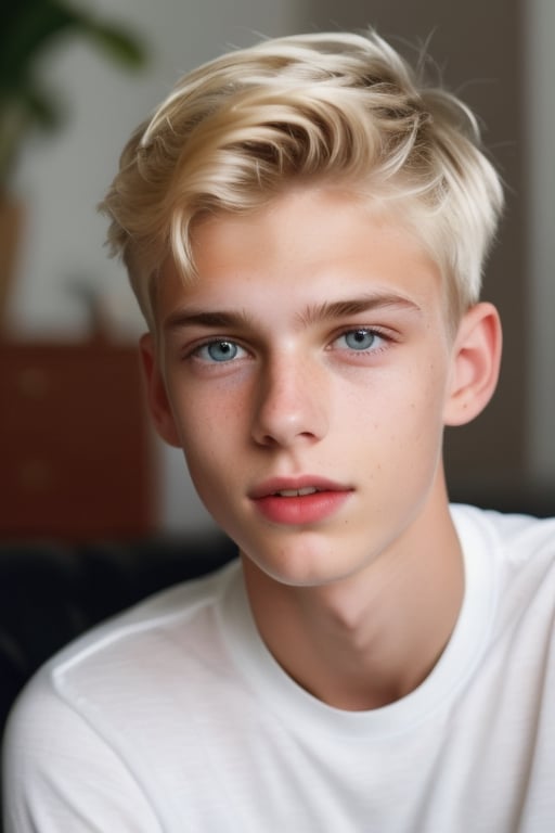 looking at finder,  a beautiful cute teen blond boy at home,  sharp focus by Luc on Tensor.Art
