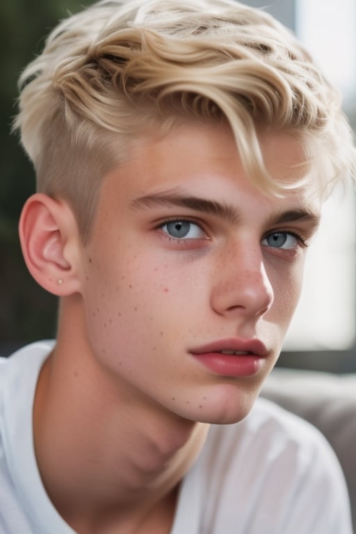from side,  a 18 years old handsome cute blond boy standing on a massive floral landscape,  sharp focus by Luc on Tensor.Art