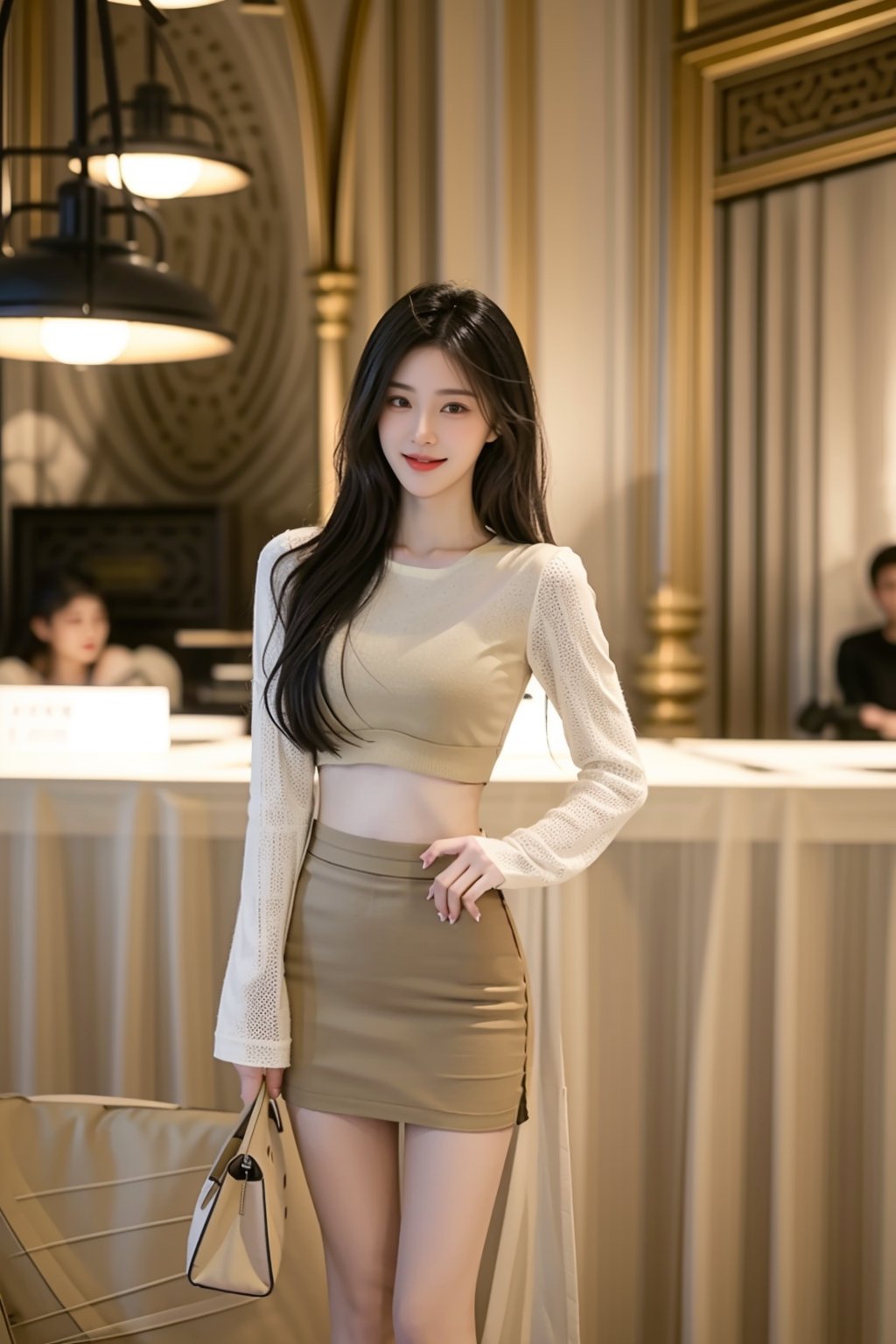 30-year-old mature beauty, Chinese, thin waist, ((slightly open mouth)), (thin belly), (thin figure), ((thin legs)), ((narrow hips)), (slender figure ), (long black hair), (slender legs), (medium chest), ((khaki short skirt)), ((e cup)), ((white sexy long-sleeved tulle)), (toothed smile) , noble photography, ((simple and plain)), ((height 172cm and weight 49kg)), (khaki bag), museum hall, ((dark interior)), ((crowd)),<lora:659111690174031528:1.0>