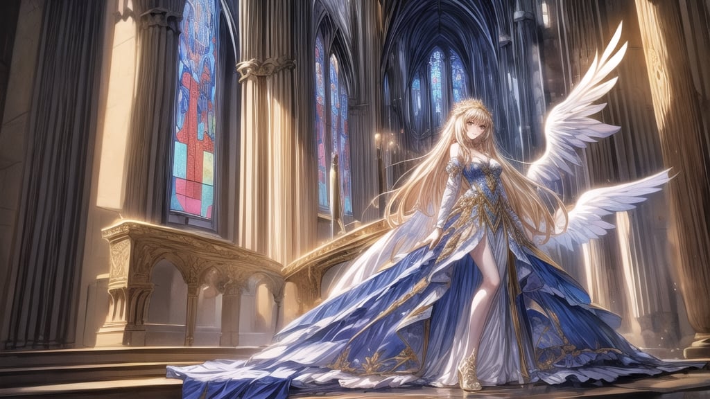 Angels, goddesses, golden embroidery, long dresses, frills,
big white wings,
Cathedral,
Stained glass,
full moon,1 girl