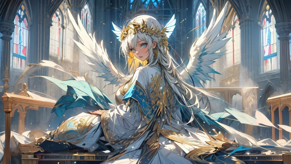 angel, goddess, golden embroidery,
big white wings,
Cathedral,
Stained glass,
full moon,