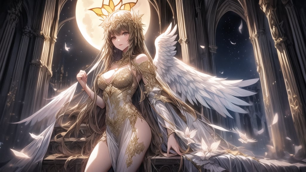 Angels, goddesses, golden embroidery, long dresses, frills,
big white wings,
Cathedral,
Stained glass,
full moon,1 girl