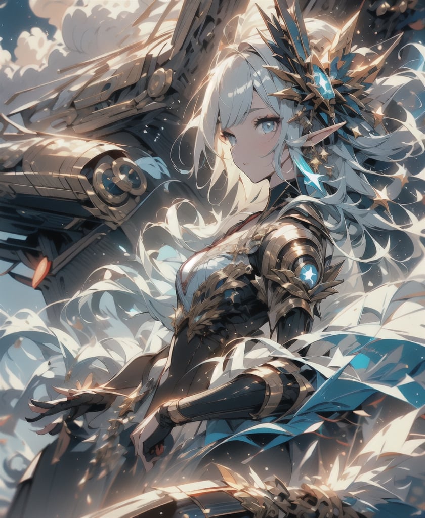 elf woman, silver hair,
Clothing with gold thread embroidery
Blue sky, thunder clouds,Circle,mecha,robot,DonMPl4sm4T3chXL ,LandCruiser40,1 girl,march 7th \(honkai: star rail\),midjourney