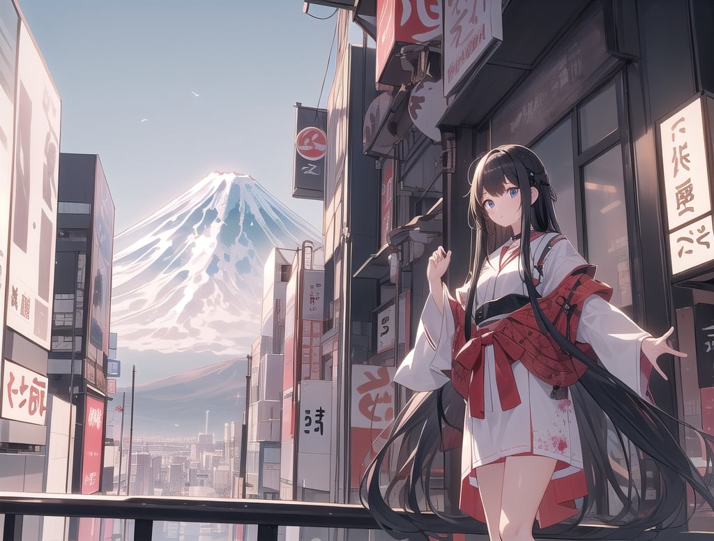 A 20-year-old woman with long black hair.
A girl is looking at the Tokyo skyline from the balcony.
A city lined with buildings.
Mt. Fuji can be seen through the gap between the buildings.